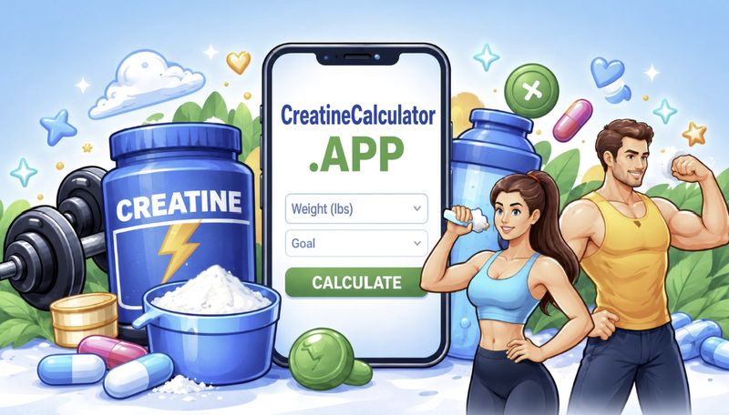 Illustration: a blue creatine tub with a scoop of white powder, a phone showing the CreatineCalculator.app weight and goal form, and a smiling woman and man flexing their arms
